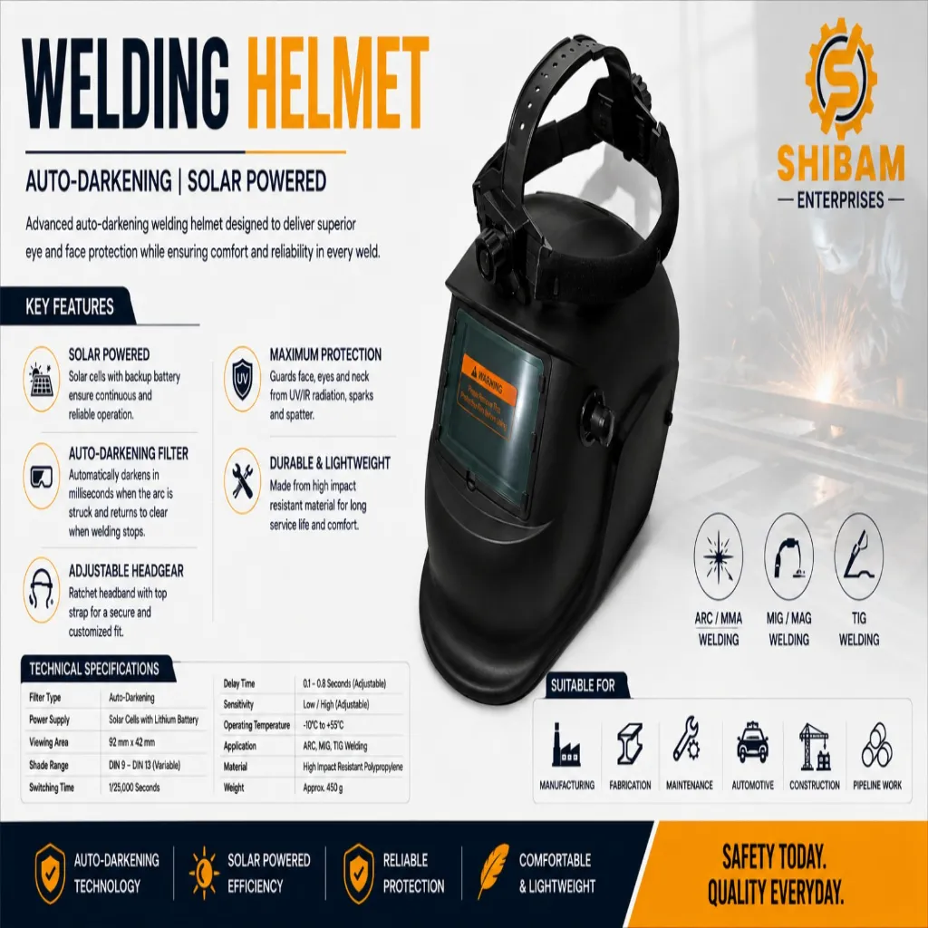 Black auto-darkening welding helmet with adjustable head strap, displayed alongside product features and technical specifications.
