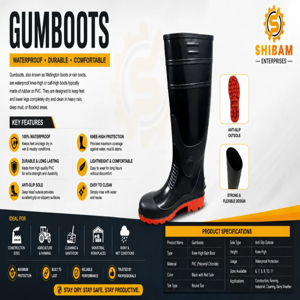 Black knee-high waterproof boot with a red treaded sole, shown next to sole detail insets and product specifications.