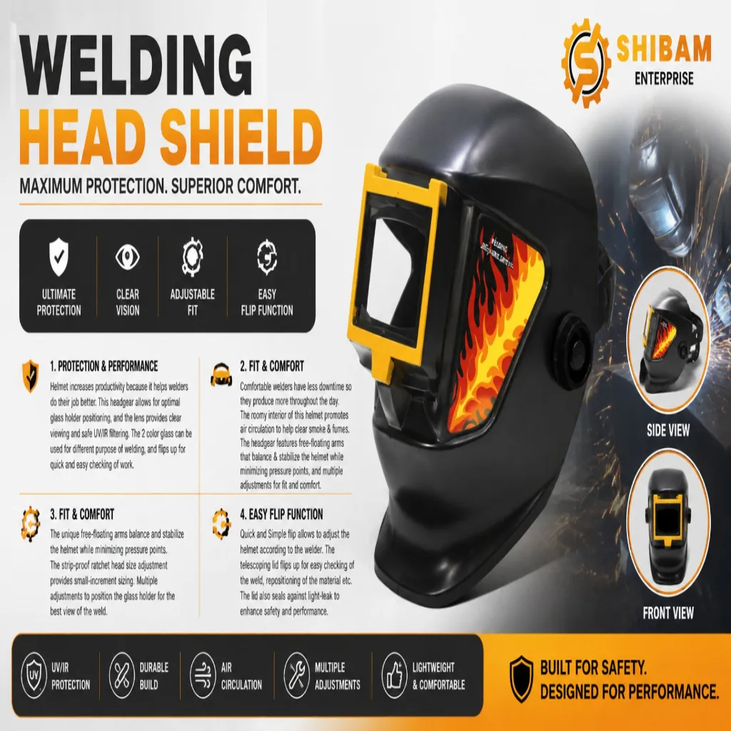 Black welding helmet featuring orange flame graphics and a yellow flip-up viewing visor, shown from multiple angles.