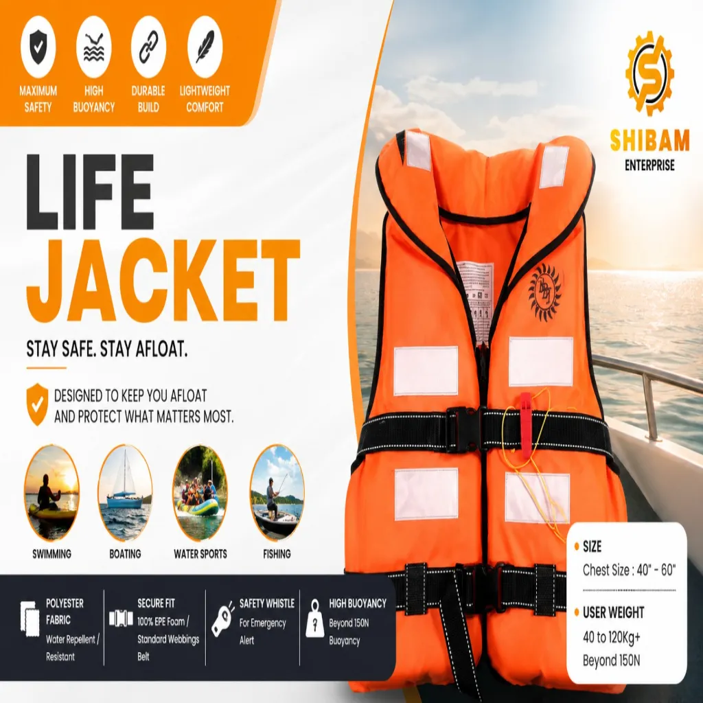 Bright orange personal flotation life jacket with adjustable straps, buckles, and safety whistle against an ocean backdrop.