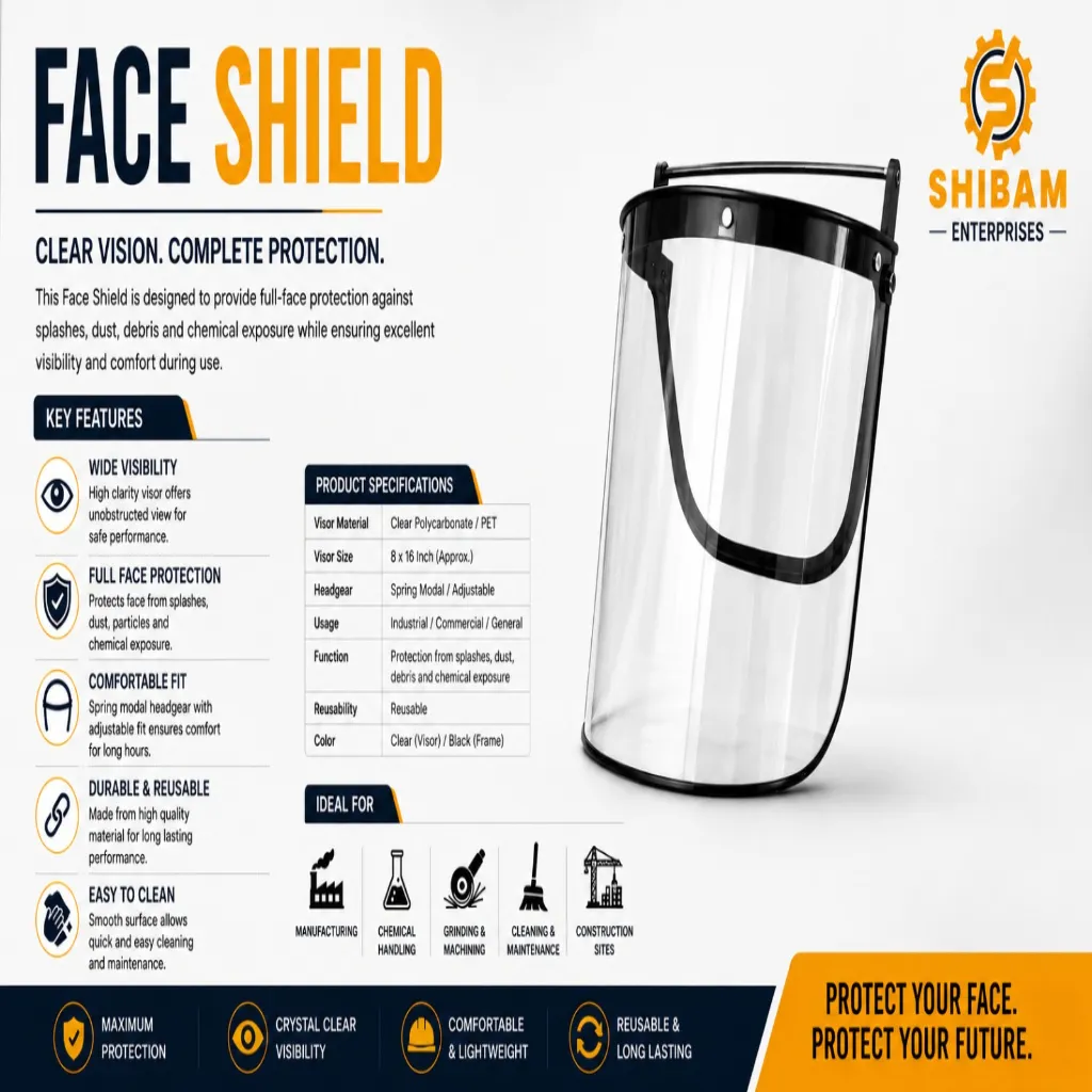 Clear protective face shield with a black adjustable head frame, shown beside product features and specifications.
