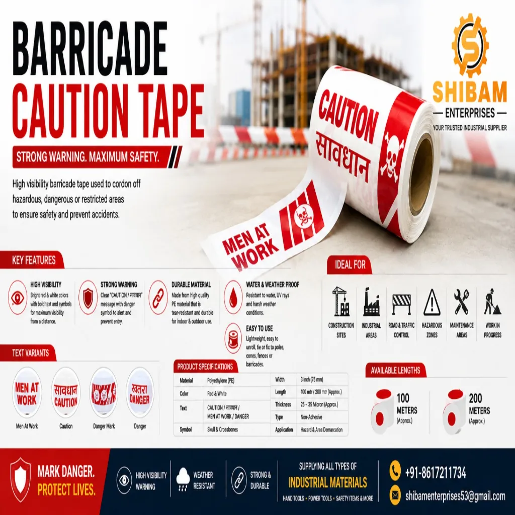 Roll of red and white printed caution barricade tape unrolled on a construction site backdrop, next to product specifications.