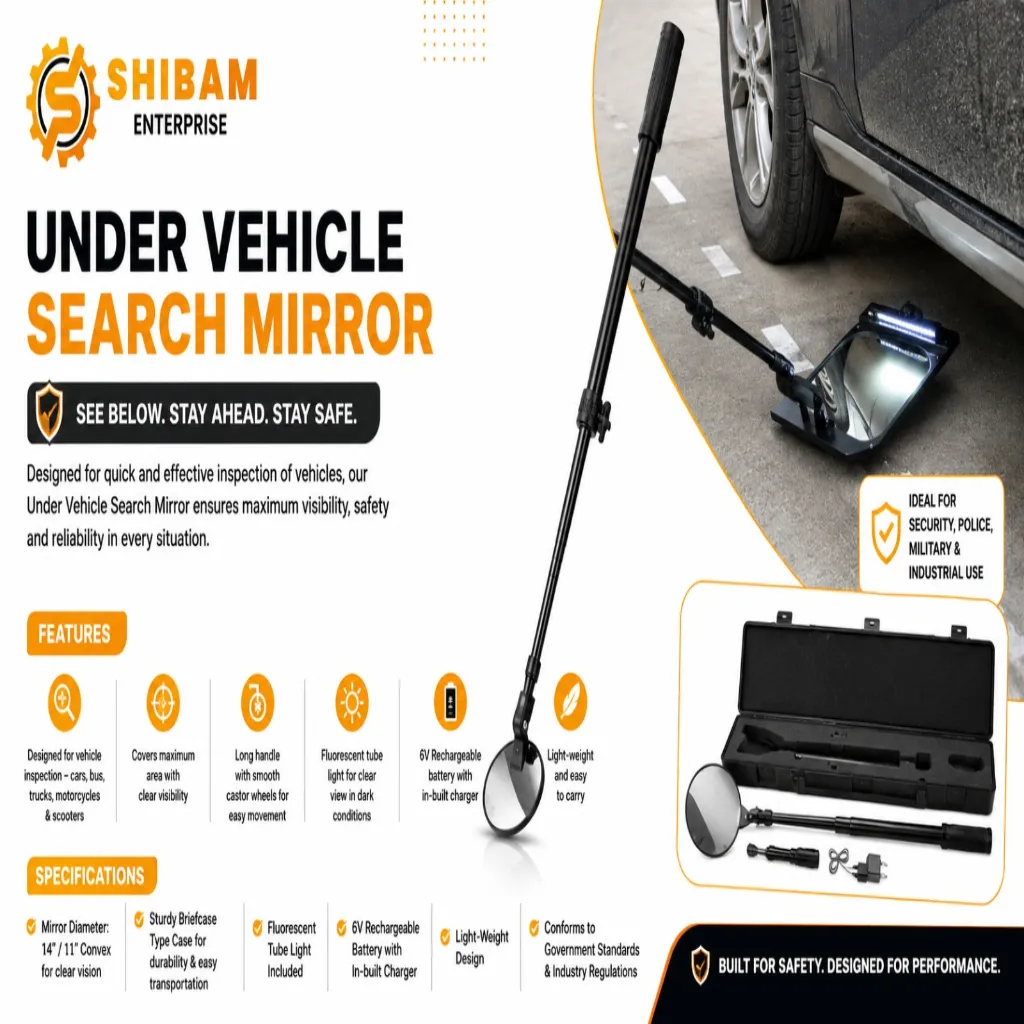 Telescopic inspection mirror with LED light mounted on wheels under a car, shown beside its compact storage case.