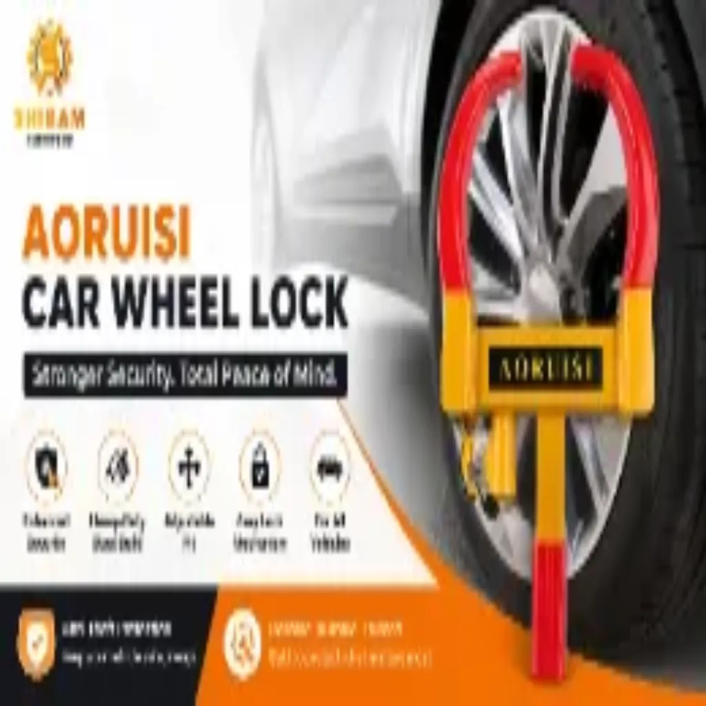 Yellow and red heavy-duty steel clamp lock fitted securely around an automobile wheel and tire.